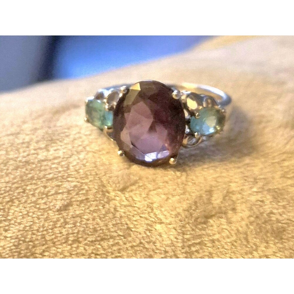 Vintage 925 Sterling Silver Three Stone Ring Oval Amethyst Blue Topaz Sz 7.5
